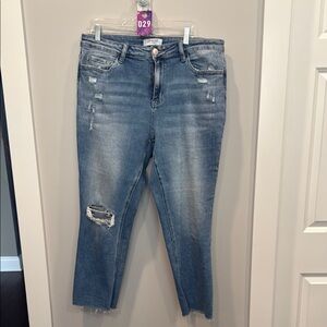 Blue Straight Leg Jeans with Distressing